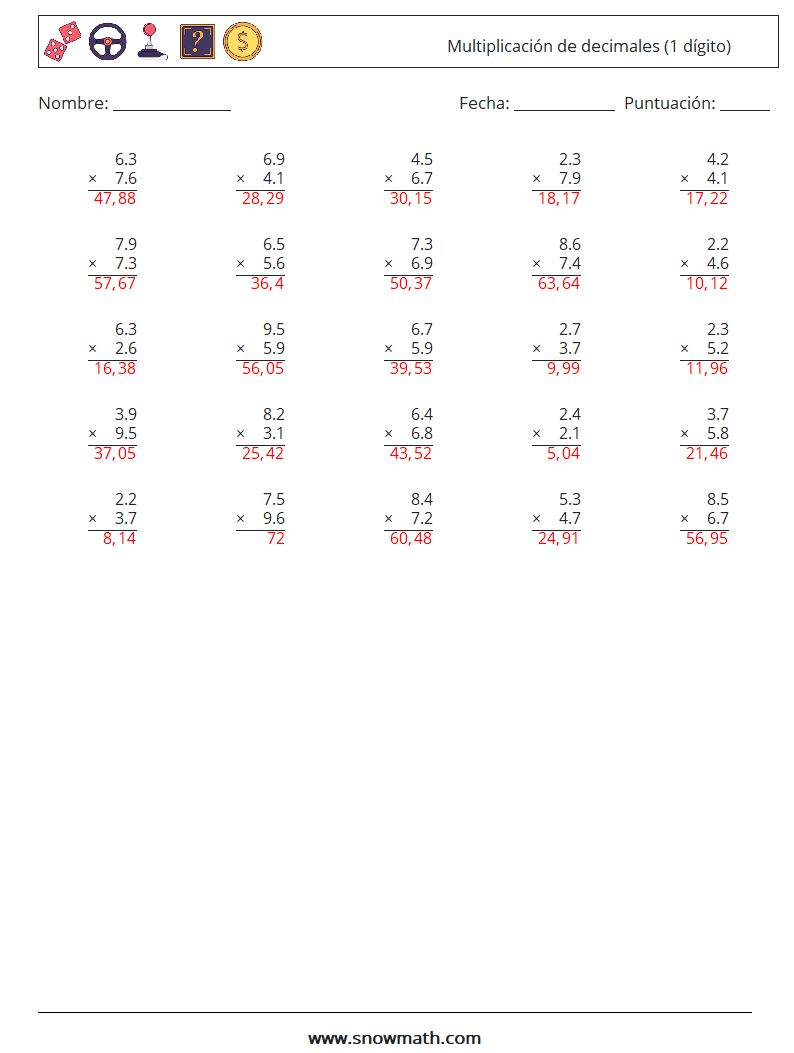 (25) Multiplicación de decimales (1 dígito) Hojas de trabajo de matemáticas 13 Pregunta, respuesta