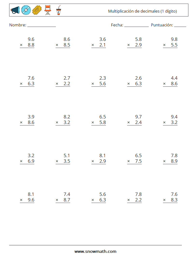 (25) Multiplicación de decimales (1 dígito) Hojas de trabajo de matemáticas 16