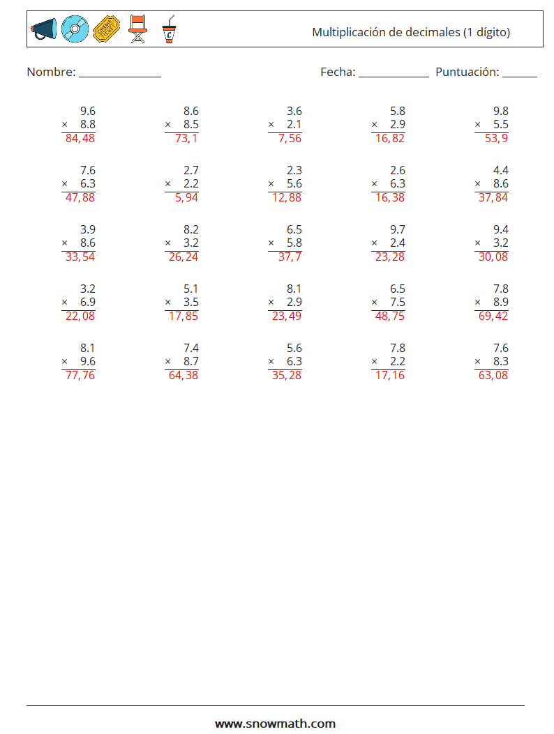 (25) Multiplicación de decimales (1 dígito) Hojas de trabajo de matemáticas 16 Pregunta, respuesta