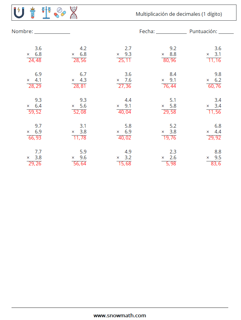 (25) Multiplicación de decimales (1 dígito) Hojas de trabajo de matemáticas 1 Pregunta, respuesta