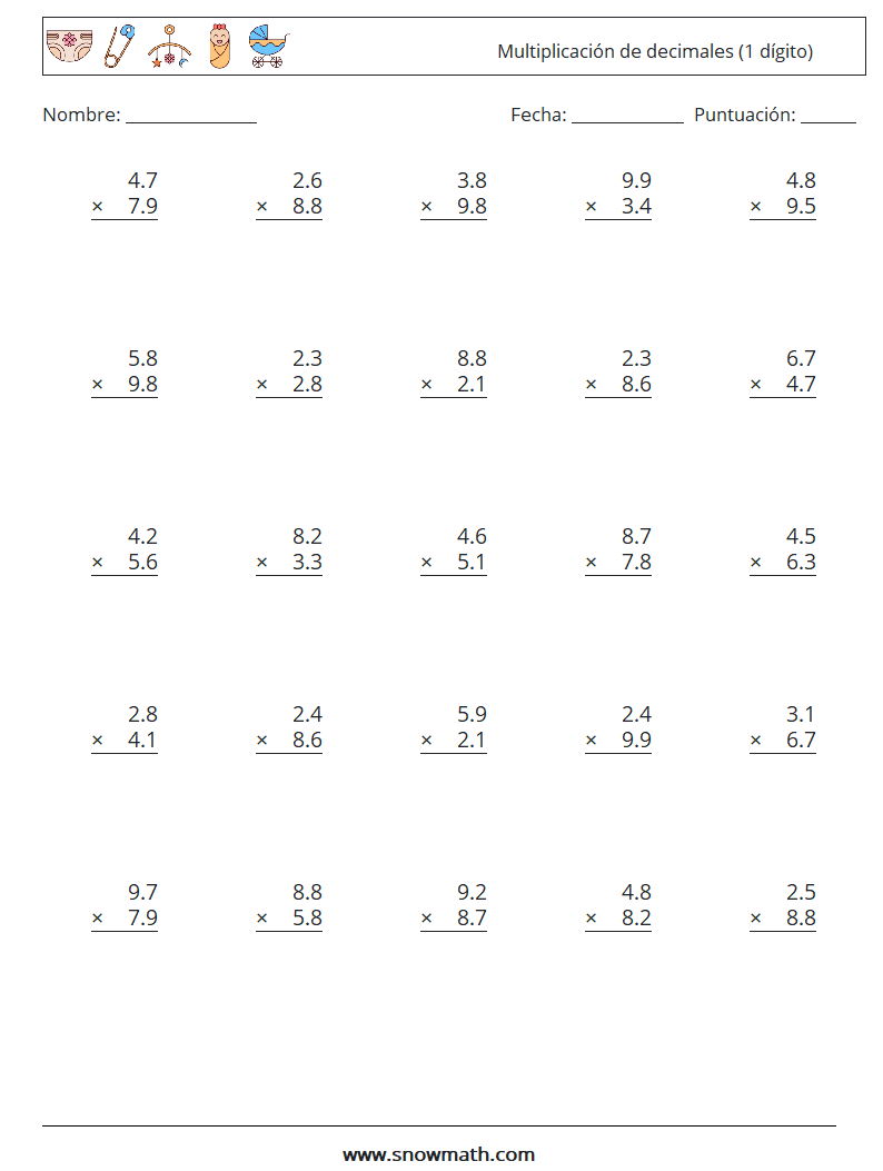 (25) Multiplicación de decimales (1 dígito) Hojas de trabajo de matemáticas 2