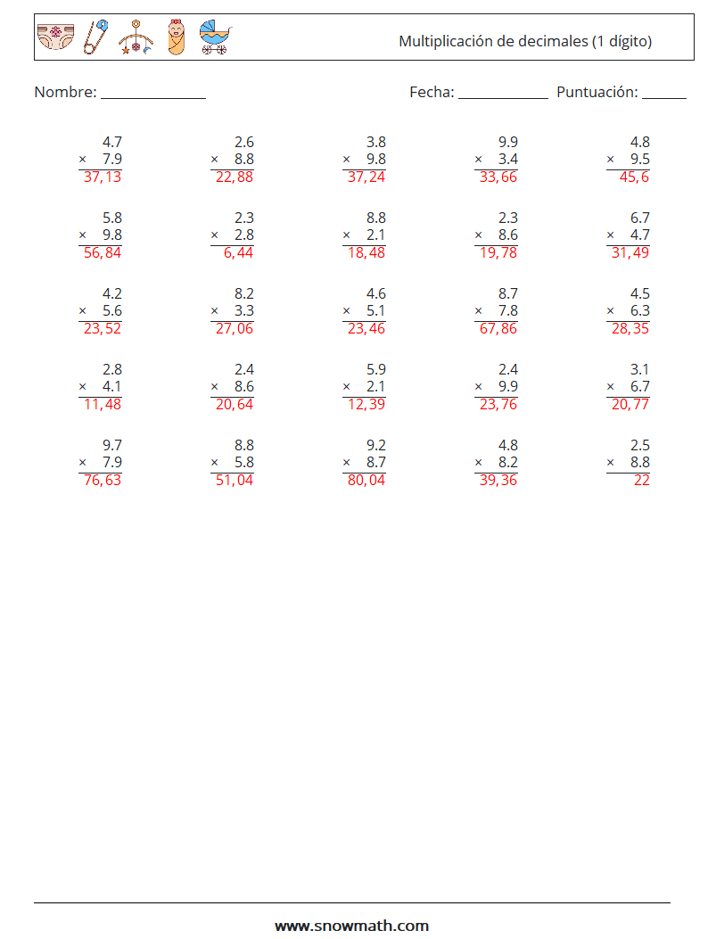 (25) Multiplicación de decimales (1 dígito) Hojas de trabajo de matemáticas 2 Pregunta, respuesta