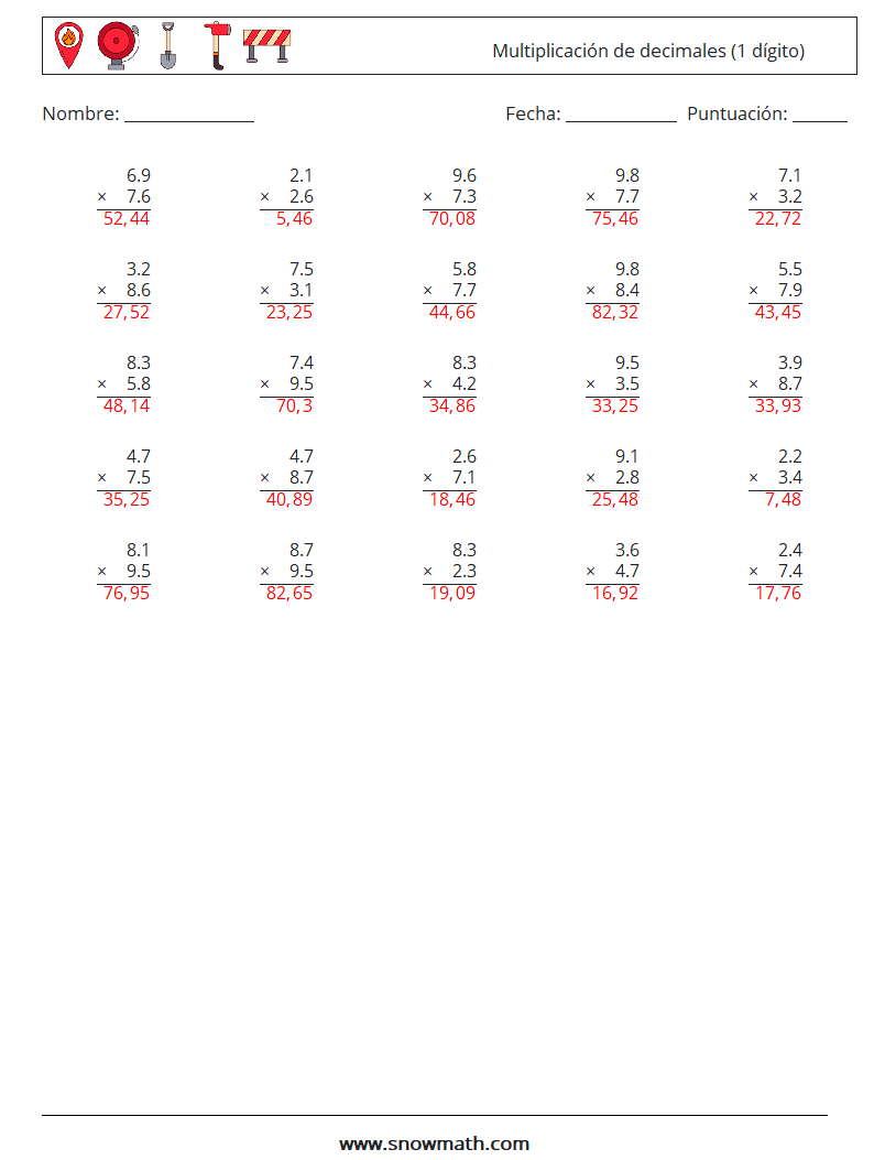 (25) Multiplicación de decimales (1 dígito) Hojas de trabajo de matemáticas 3 Pregunta, respuesta