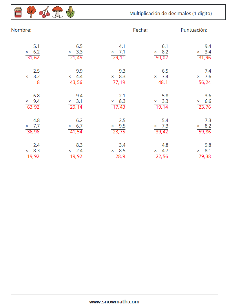 (25) Multiplicación de decimales (1 dígito) Hojas de trabajo de matemáticas 4 Pregunta, respuesta