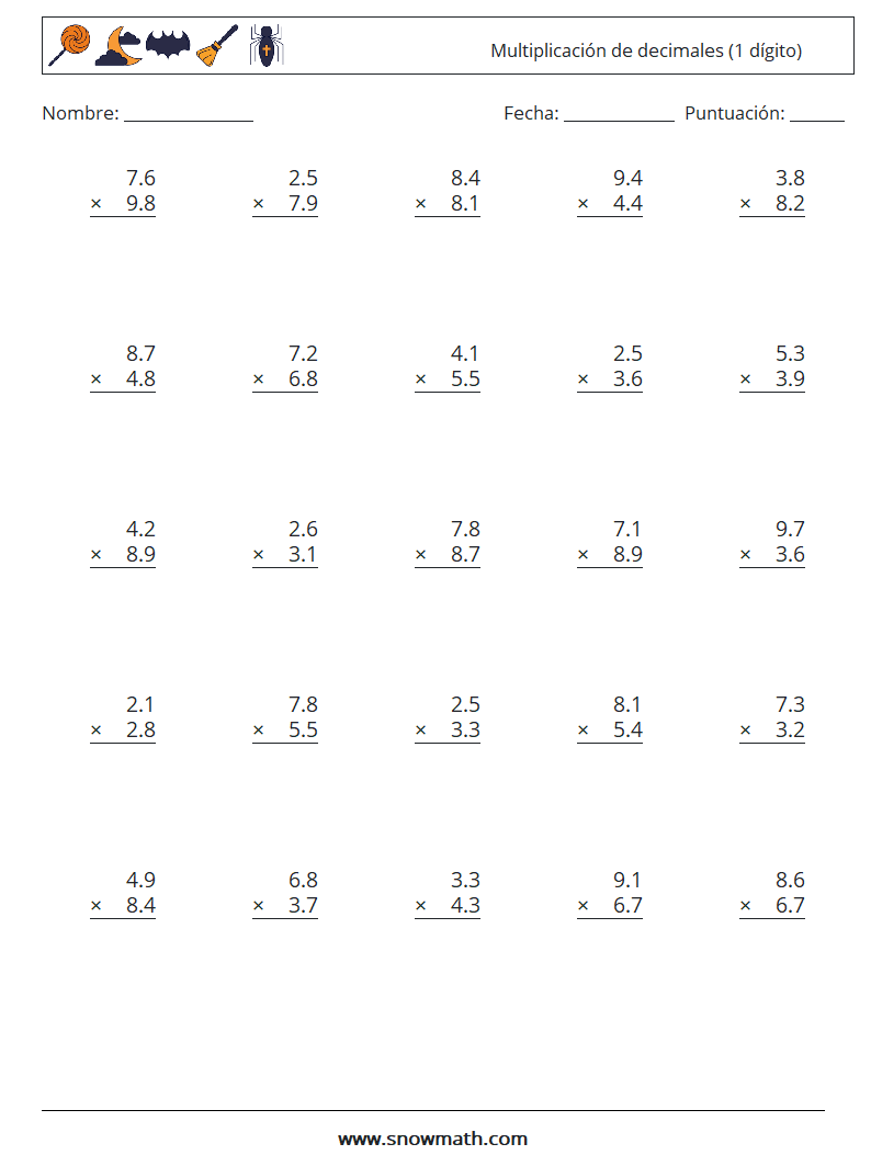 (25) Multiplicación de decimales (1 dígito) Hojas de trabajo de matemáticas 5