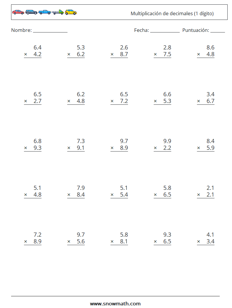 (25) Multiplicación de decimales (1 dígito) Hojas de trabajo de matemáticas 6