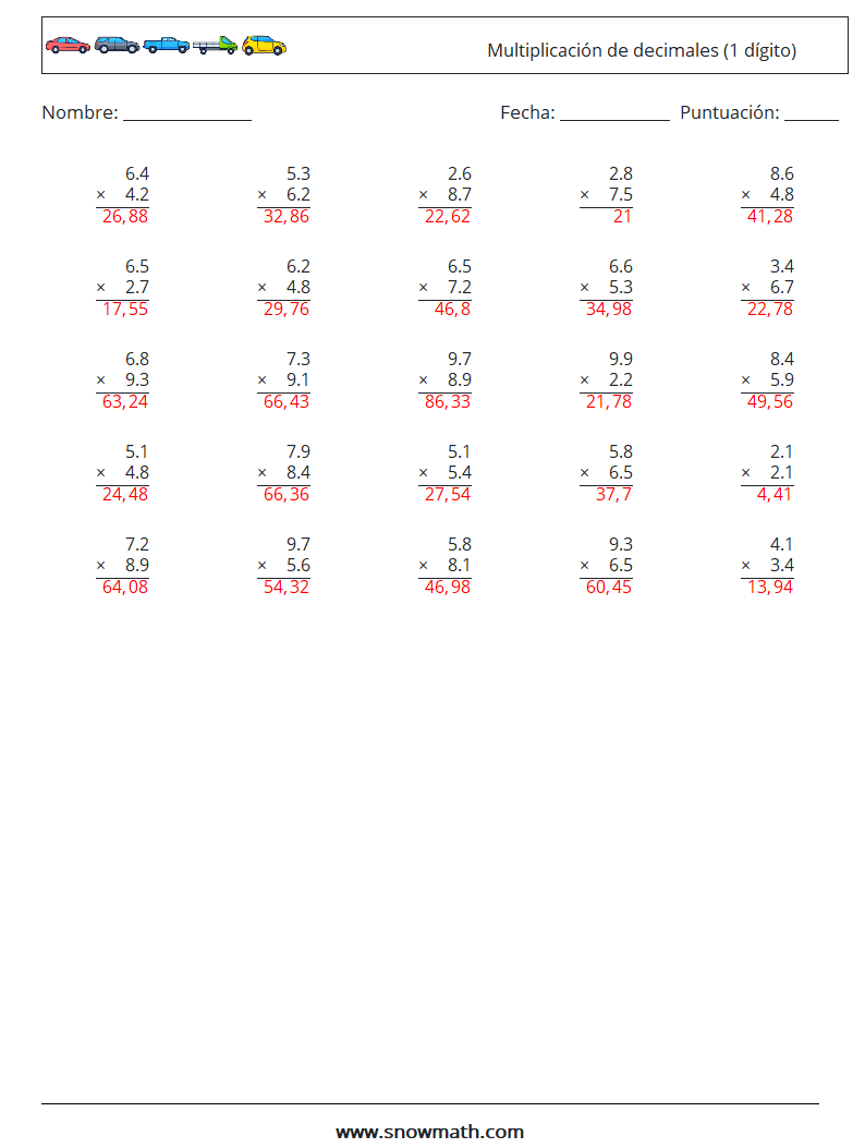 (25) Multiplicación de decimales (1 dígito) Hojas de trabajo de matemáticas 6 Pregunta, respuesta