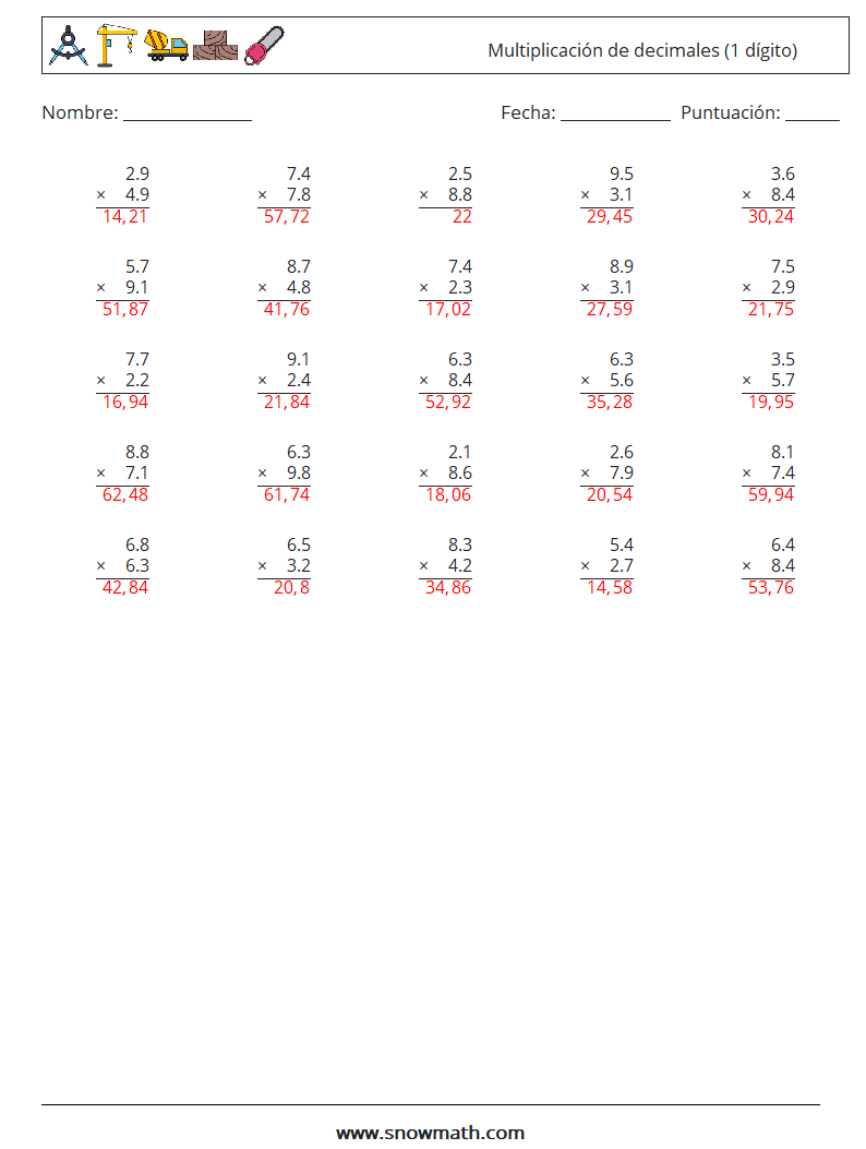 (25) Multiplicación de decimales (1 dígito) Hojas de trabajo de matemáticas 7 Pregunta, respuesta