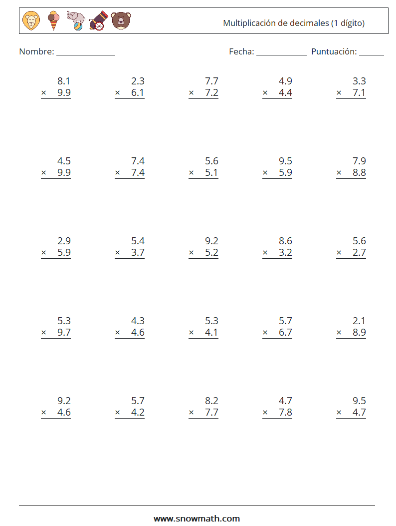 (25) Multiplicación de decimales (1 dígito) Hojas de trabajo de matemáticas 8