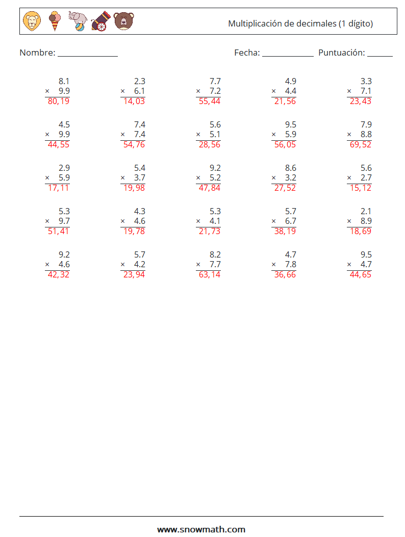 (25) Multiplicación de decimales (1 dígito) Hojas de trabajo de matemáticas 8 Pregunta, respuesta