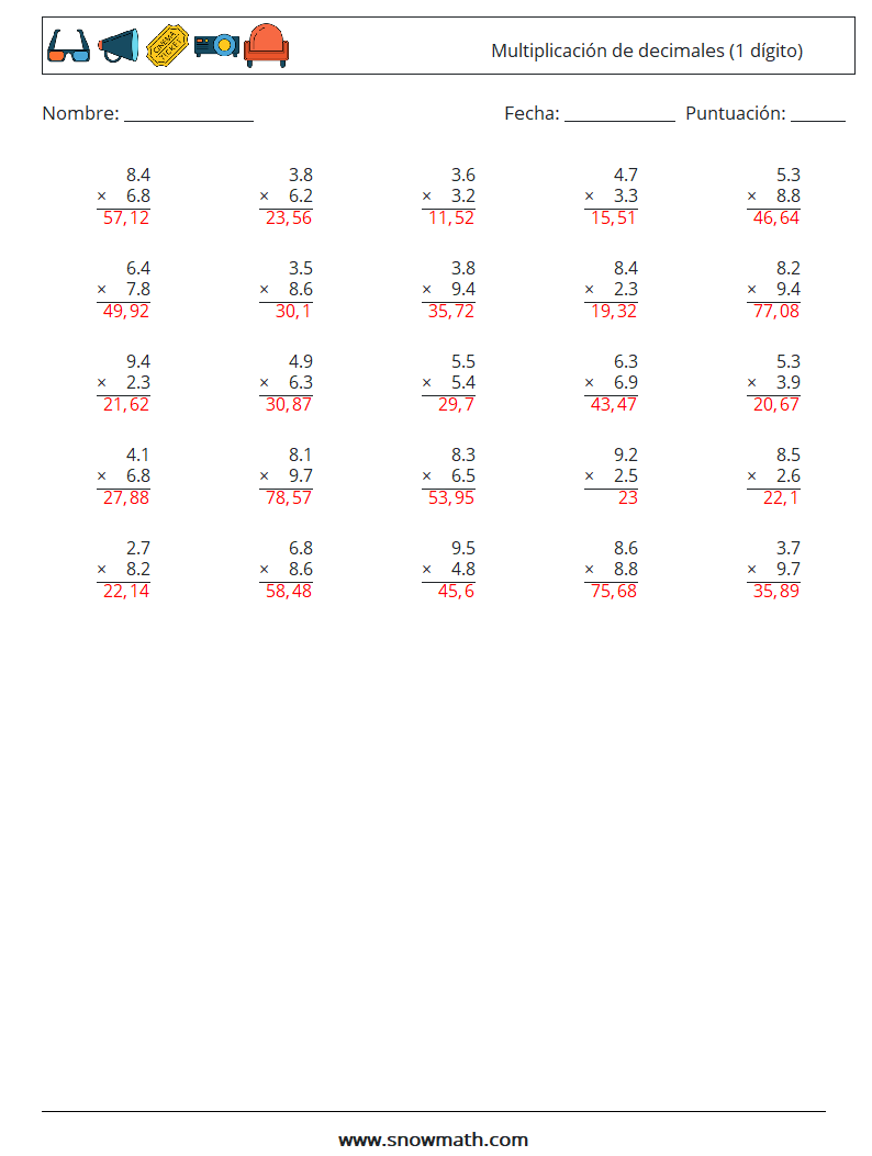 (25) Multiplicación de decimales (1 dígito) Hojas de trabajo de matemáticas 9 Pregunta, respuesta