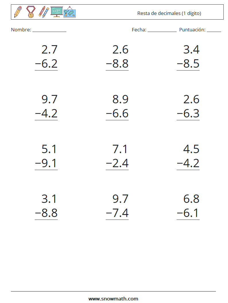 (12) Resta de decimales (1 dígito) Hojas de trabajo de matemáticas 1