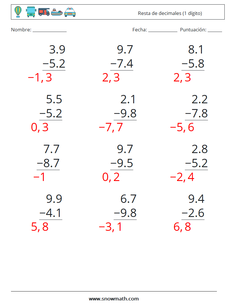 (12) Resta de decimales (1 dígito) Hojas de trabajo de matemáticas 10 Pregunta, respuesta