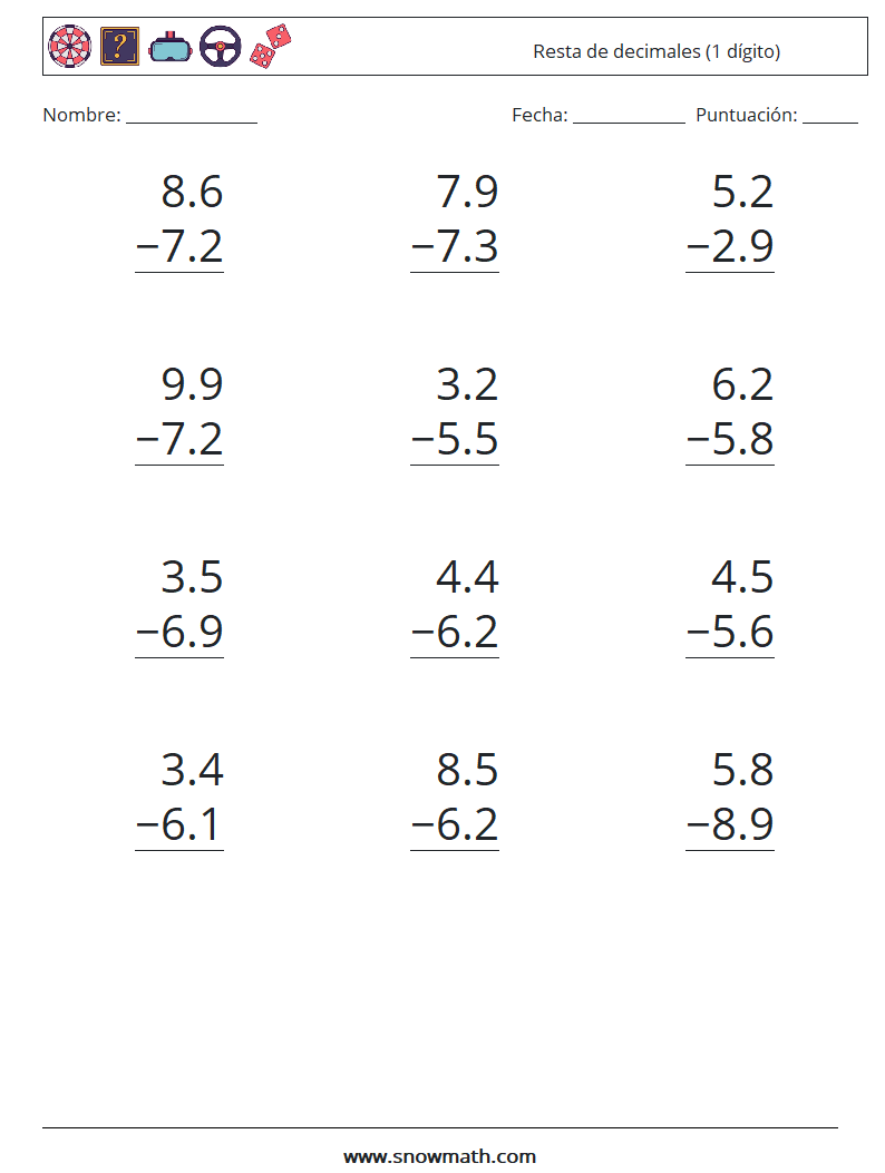 (12) Resta de decimales (1 dígito) Hojas de trabajo de matemáticas 11