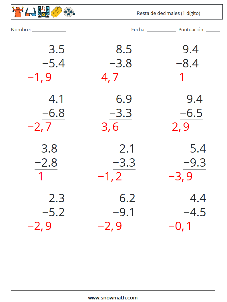 (12) Resta de decimales (1 dígito) Hojas de trabajo de matemáticas 13 Pregunta, respuesta