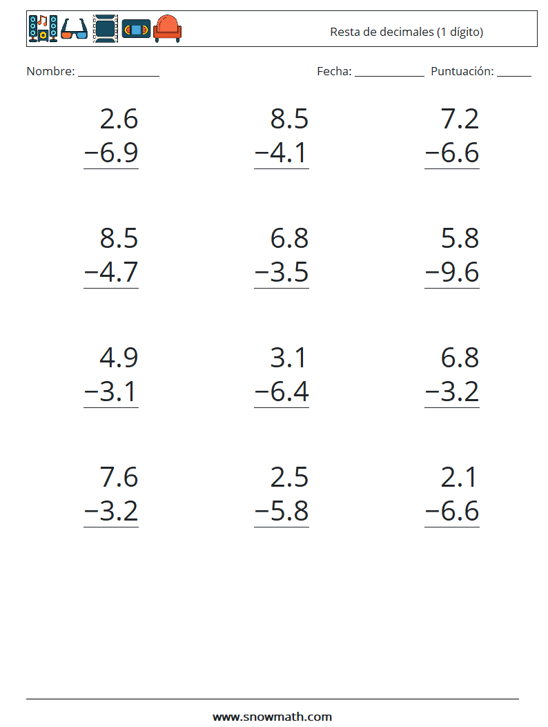 (12) Resta de decimales (1 dígito) Hojas de trabajo de matemáticas 14