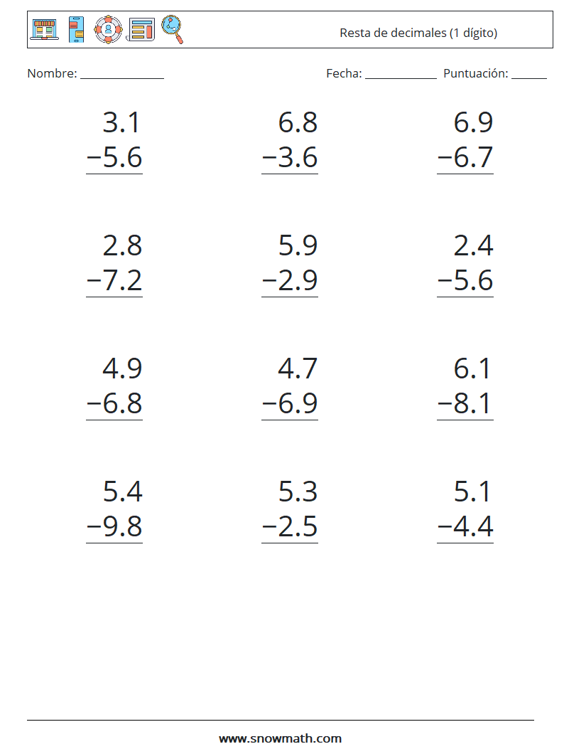 (12) Resta de decimales (1 dígito) Hojas de trabajo de matemáticas 15