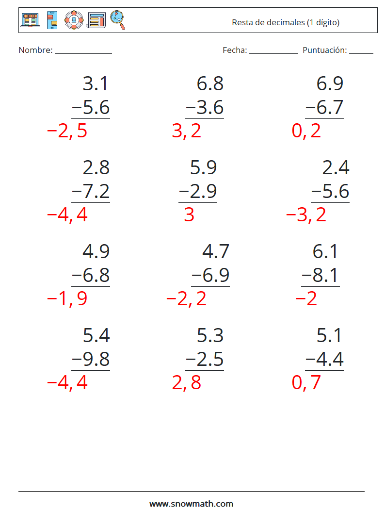 (12) Resta de decimales (1 dígito) Hojas de trabajo de matemáticas 15 Pregunta, respuesta