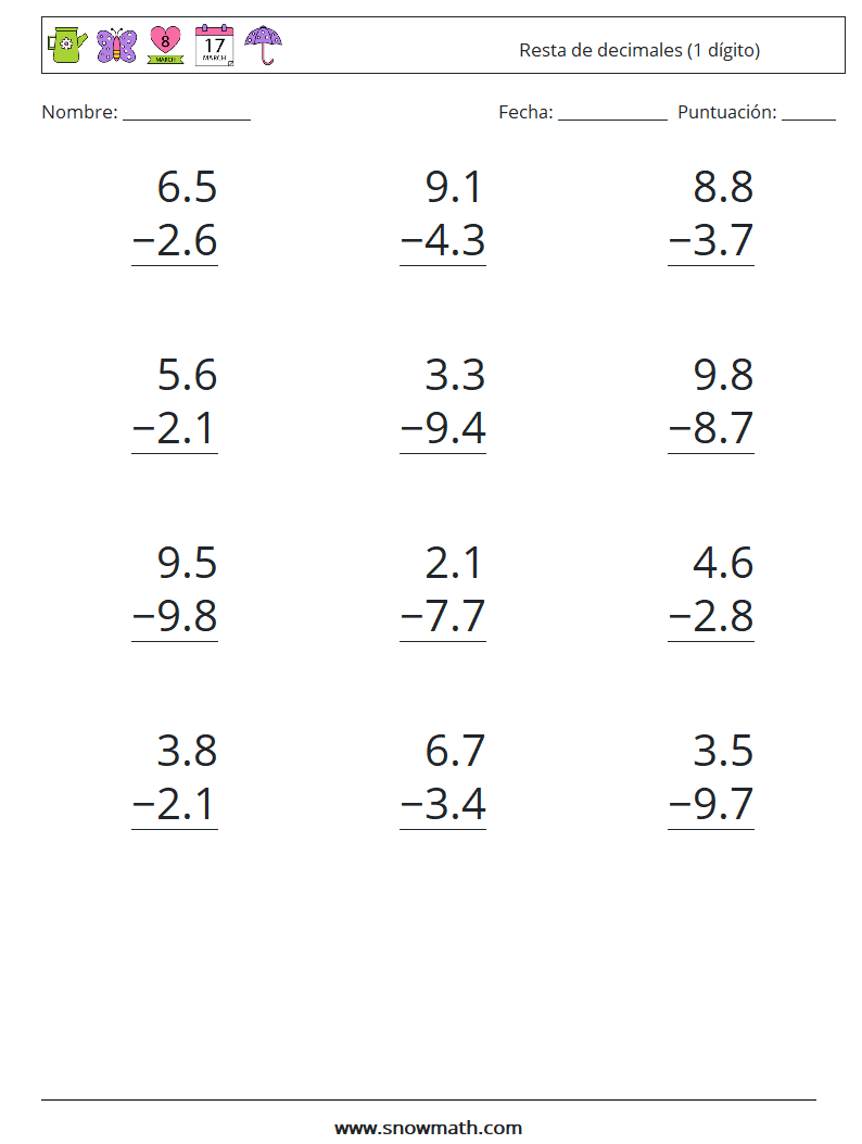 (12) Resta de decimales (1 dígito) Hojas de trabajo de matemáticas 16