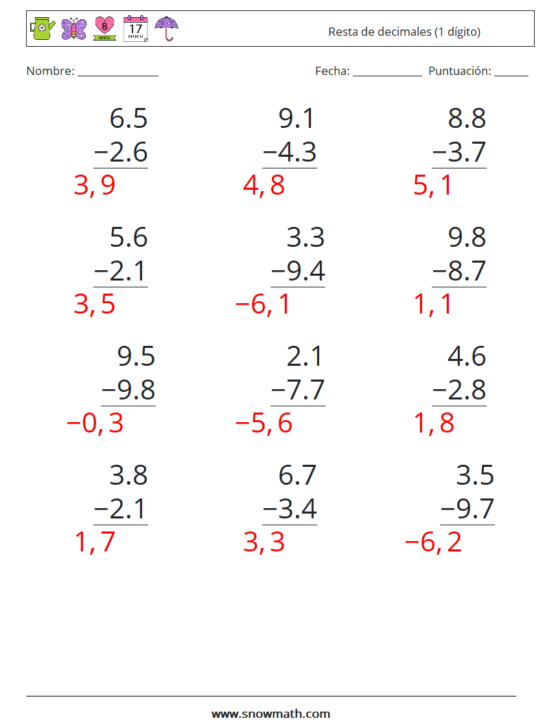 (12) Resta de decimales (1 dígito) Hojas de trabajo de matemáticas 16 Pregunta, respuesta