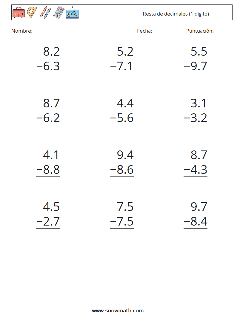 (12) Resta de decimales (1 dígito) Hojas de trabajo de matemáticas 17