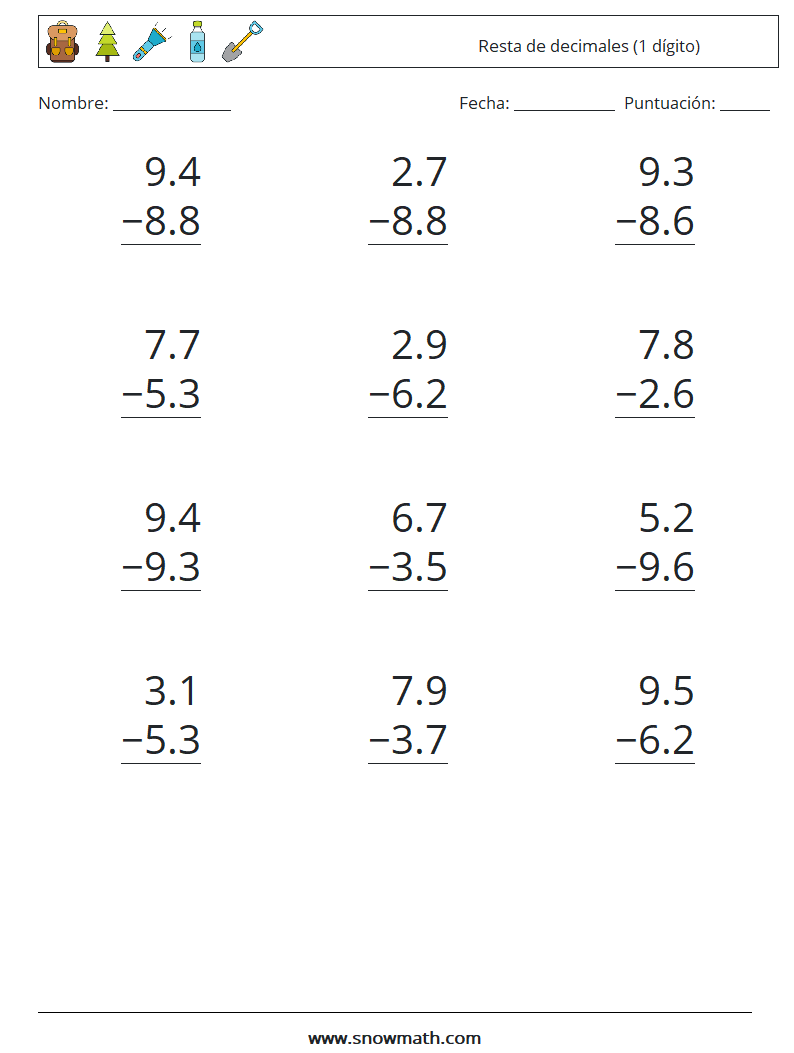 (12) Resta de decimales (1 dígito) Hojas de trabajo de matemáticas 18