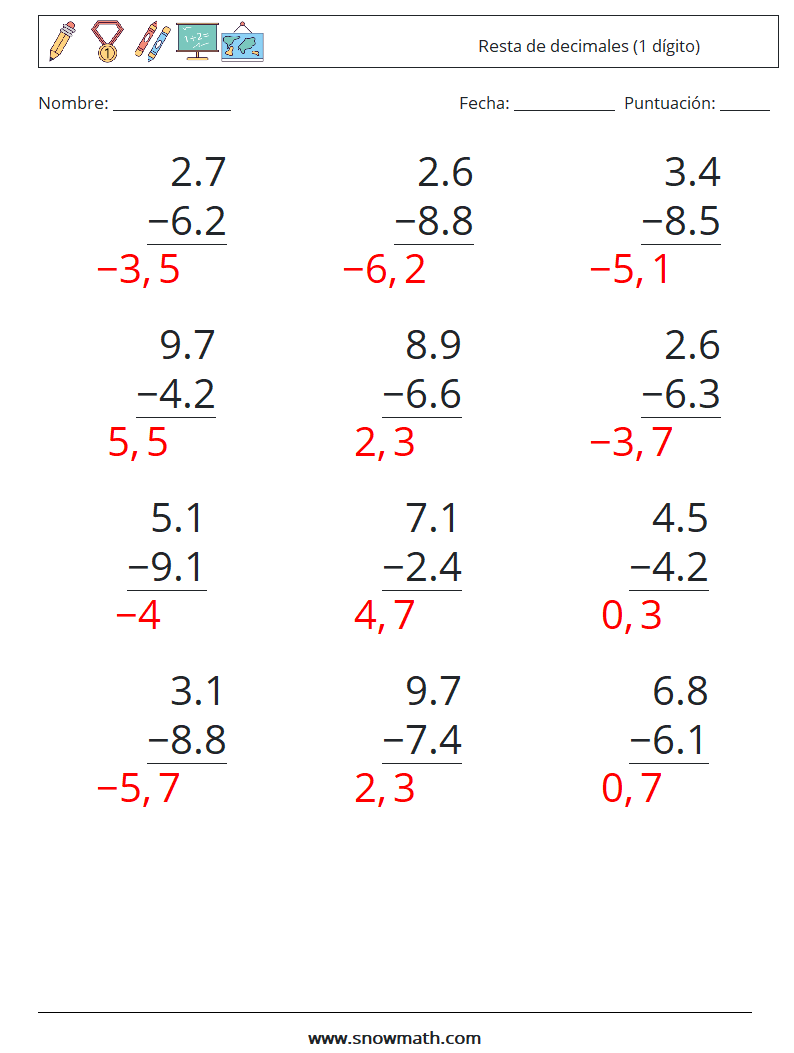 (12) Resta de decimales (1 dígito) Hojas de trabajo de matemáticas 1 Pregunta, respuesta