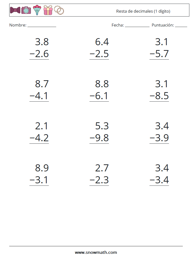 (12) Resta de decimales (1 dígito) Hojas de trabajo de matemáticas 2