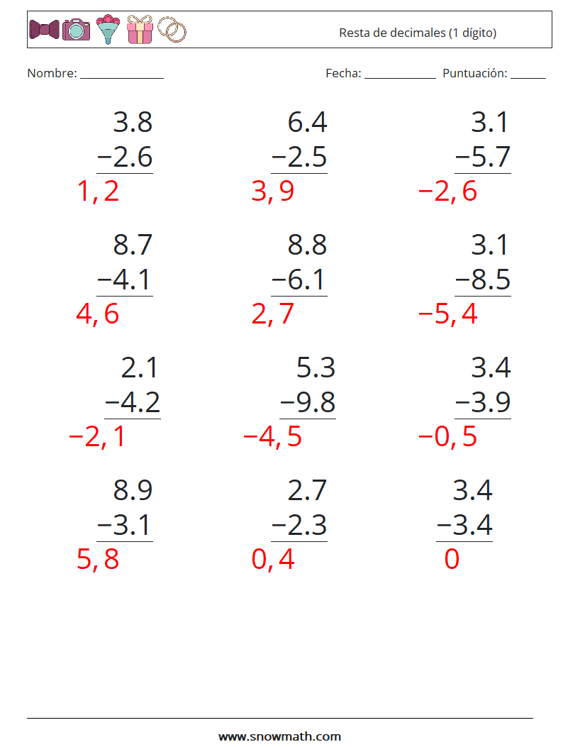 (12) Resta de decimales (1 dígito) Hojas de trabajo de matemáticas 2 Pregunta, respuesta