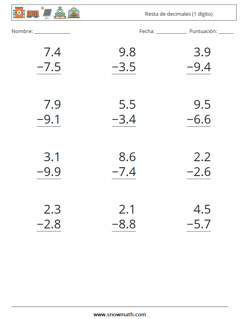 (12) Resta de decimales (1 dígito) Hojas de trabajo de matemáticas 3