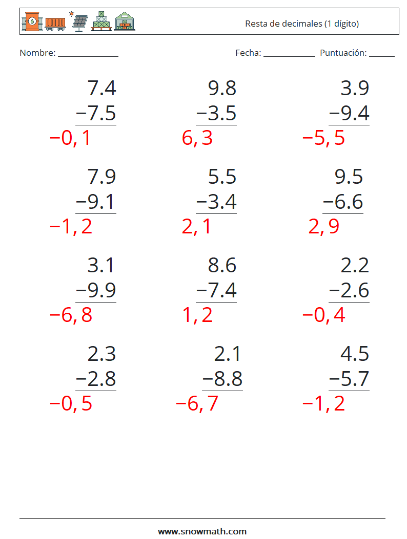 (12) Resta de decimales (1 dígito) Hojas de trabajo de matemáticas 3 Pregunta, respuesta