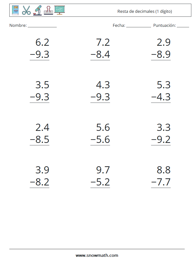 (12) Resta de decimales (1 dígito) Hojas de trabajo de matemáticas 4