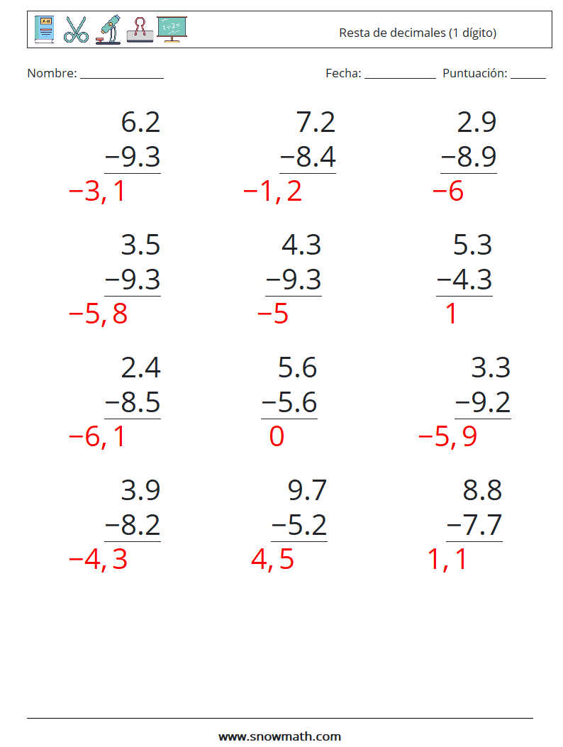 (12) Resta de decimales (1 dígito) Hojas de trabajo de matemáticas 4 Pregunta, respuesta