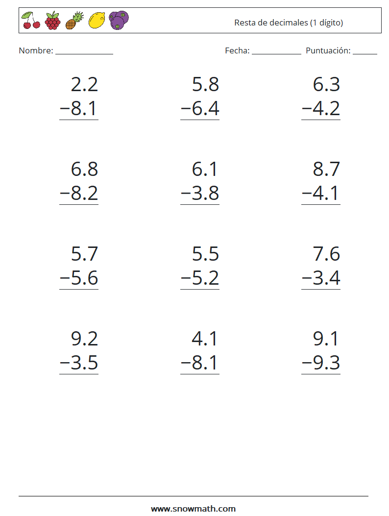 (12) Resta de decimales (1 dígito) Hojas de trabajo de matemáticas 5