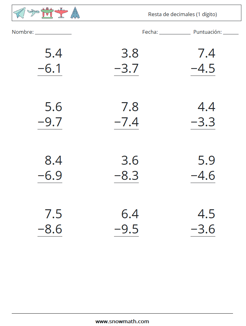 (12) Resta de decimales (1 dígito) Hojas de trabajo de matemáticas 7