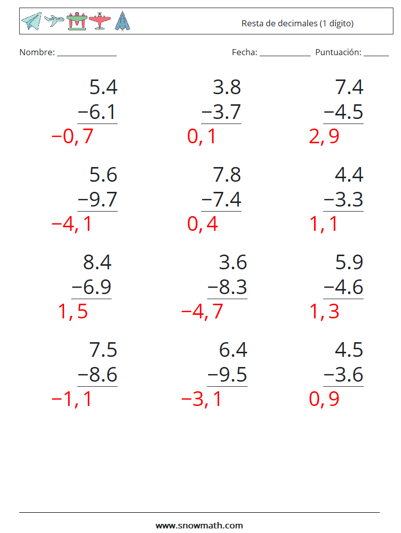 (12) Resta de decimales (1 dígito) Hojas de trabajo de matemáticas 7 Pregunta, respuesta