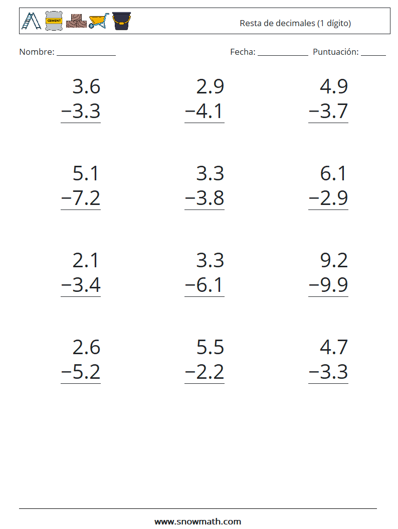 (12) Resta de decimales (1 dígito) Hojas de trabajo de matemáticas 8