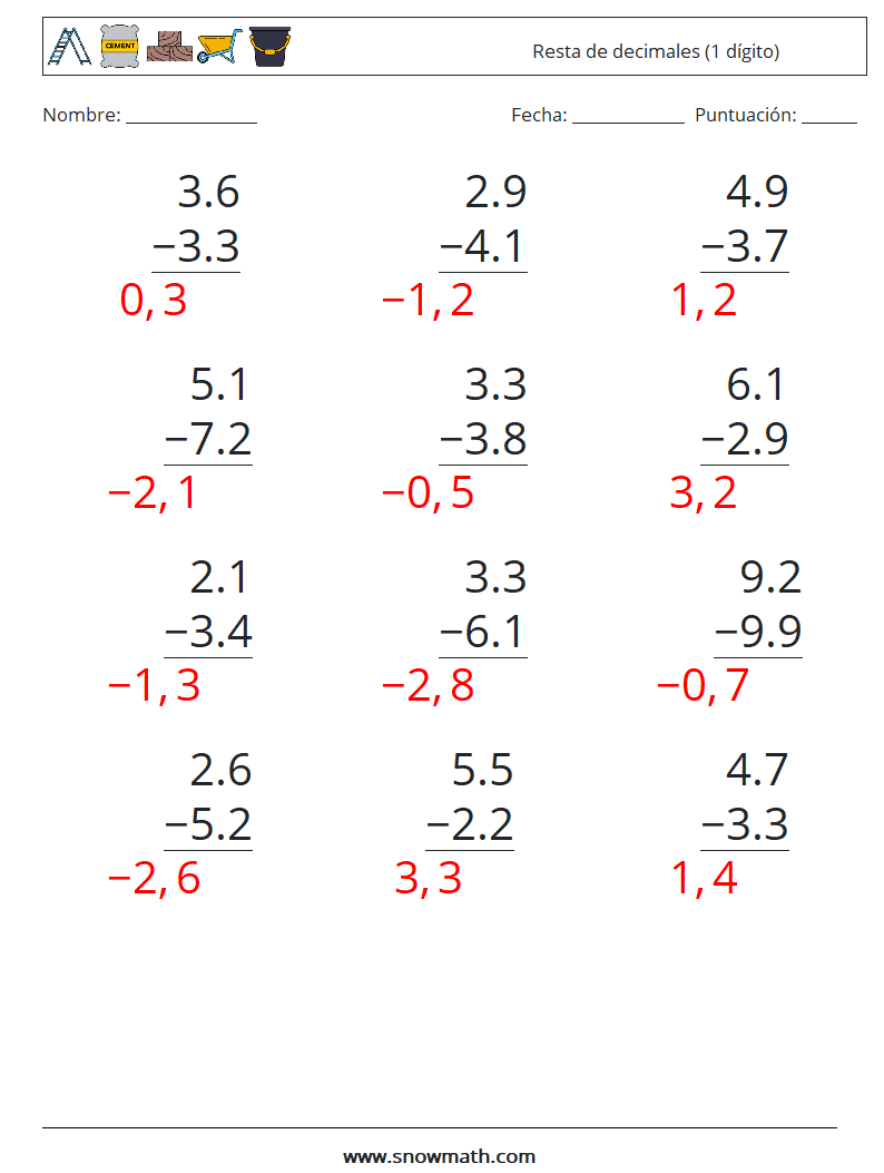 (12) Resta de decimales (1 dígito) Hojas de trabajo de matemáticas 8 Pregunta, respuesta