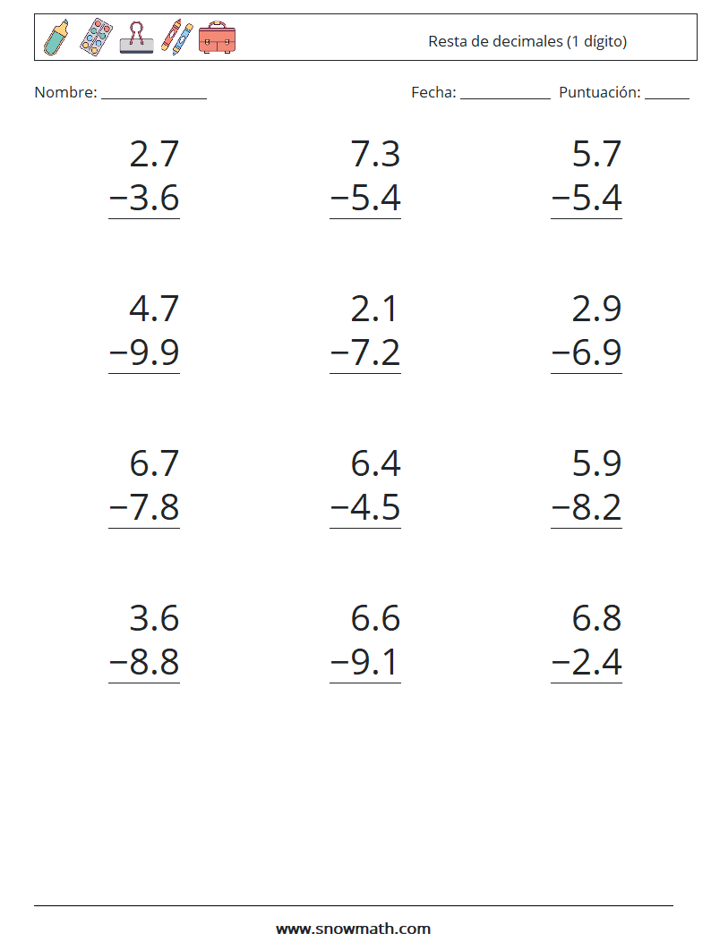 (12) Resta de decimales (1 dígito) Hojas de trabajo de matemáticas 9