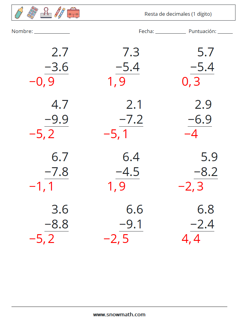 (12) Resta de decimales (1 dígito) Hojas de trabajo de matemáticas 9 Pregunta, respuesta