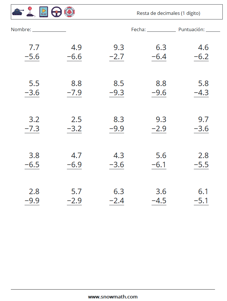 (25) Resta de decimales (1 dígito) Hojas de trabajo de matemáticas 1