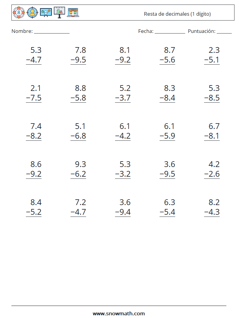 (25) Resta de decimales (1 dígito) Hojas de trabajo de matemáticas 10