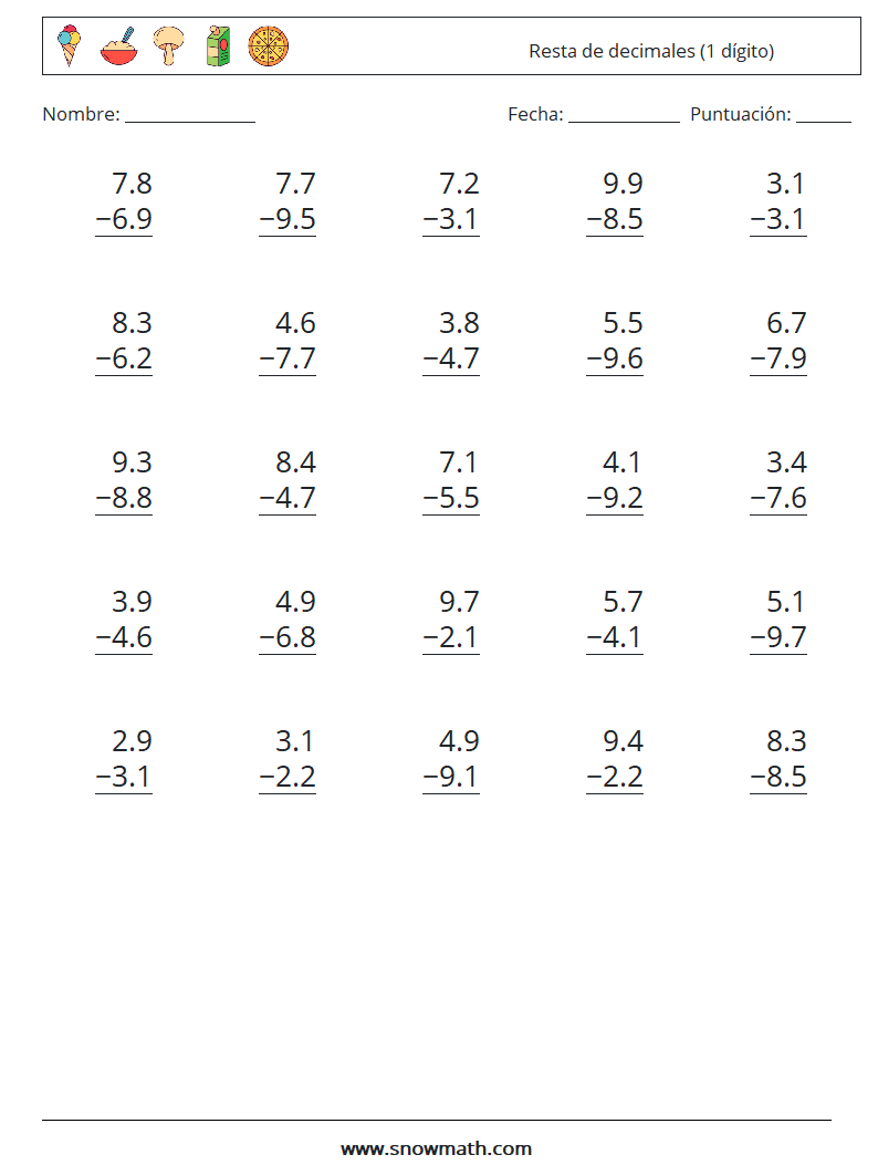 (25) Resta de decimales (1 dígito) Hojas de trabajo de matemáticas 11