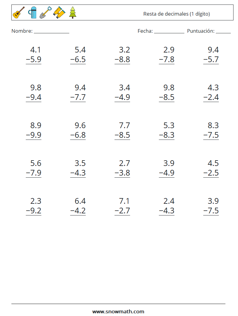 (25) Resta de decimales (1 dígito) Hojas de trabajo de matemáticas 12