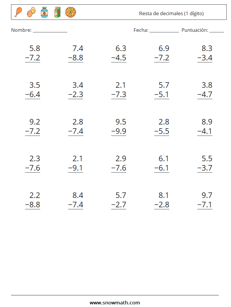 (25) Resta de decimales (1 dígito) Hojas de trabajo de matemáticas 14