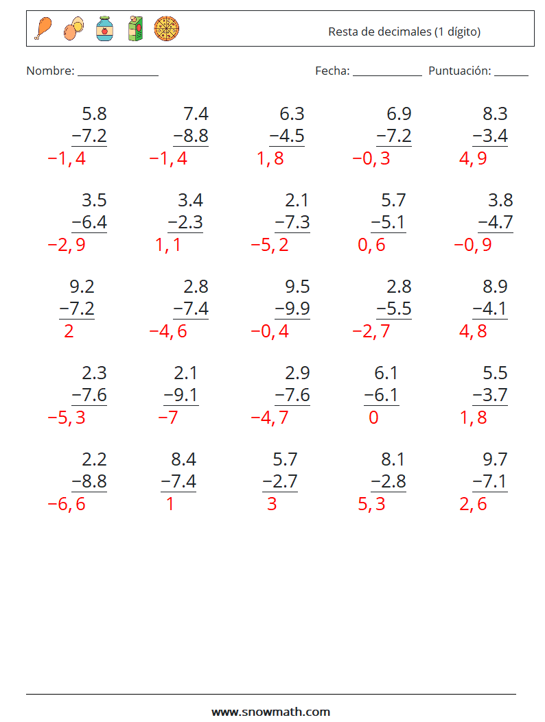 (25) Resta de decimales (1 dígito) Hojas de trabajo de matemáticas 14 Pregunta, respuesta