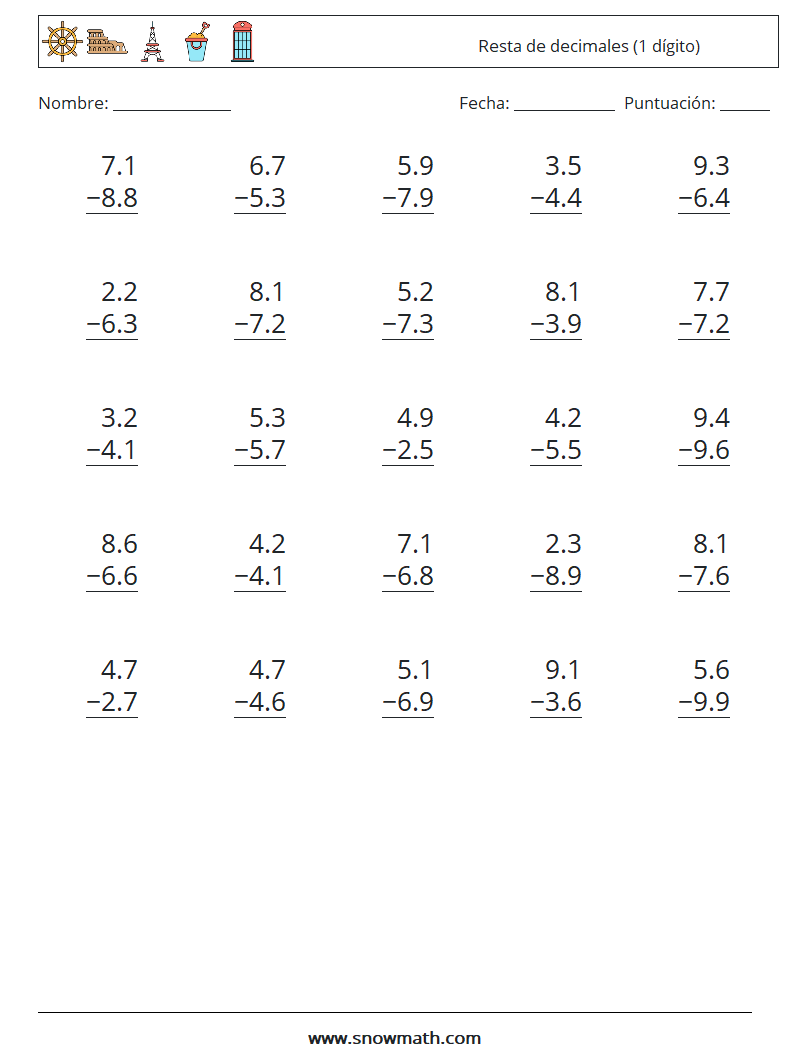 (25) Resta de decimales (1 dígito) Hojas de trabajo de matemáticas 15