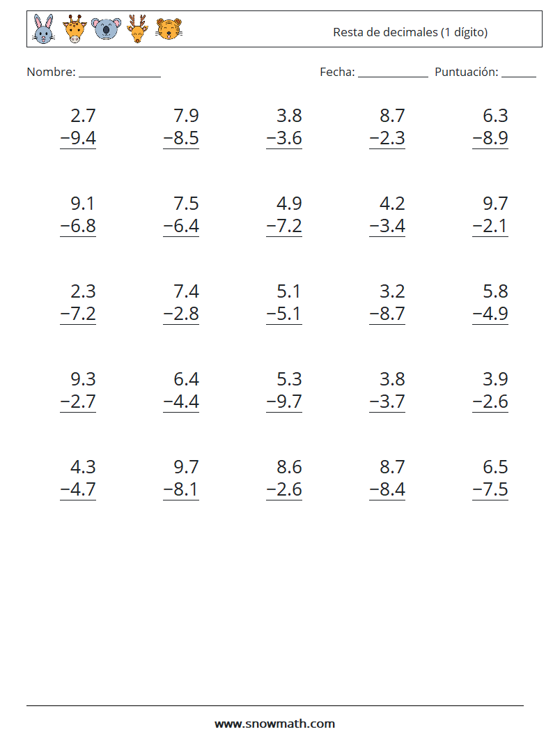 (25) Resta de decimales (1 dígito) Hojas de trabajo de matemáticas 16