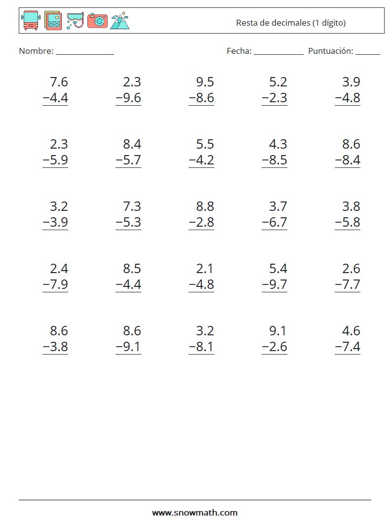 (25) Resta de decimales (1 dígito) Hojas de trabajo de matemáticas 17