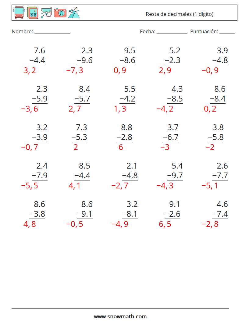 (25) Resta de decimales (1 dígito) Hojas de trabajo de matemáticas 17 Pregunta, respuesta